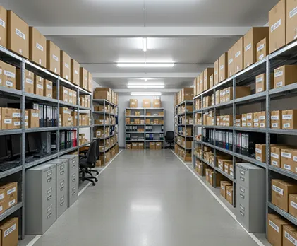 Business storage unit with organized inventory and office equipment stored safely