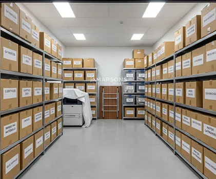 Business storage space with clearly marked boxes and office supplies for easy access