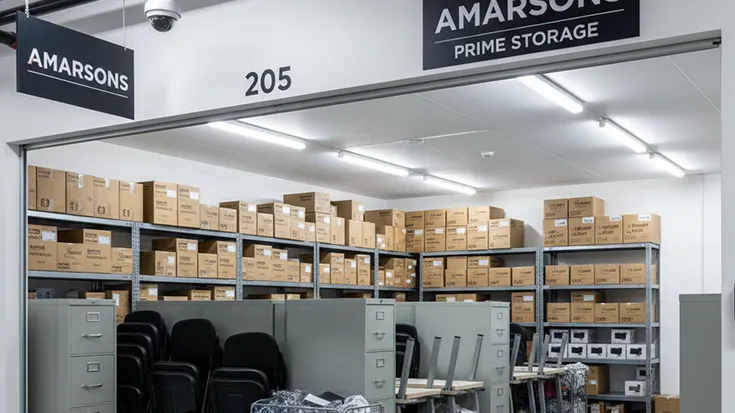 Secure and organized business storage unit with inventory and office equipment
