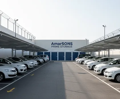 Outdoor parking area for vehicles with secure, covered spaces for cars and SUVs