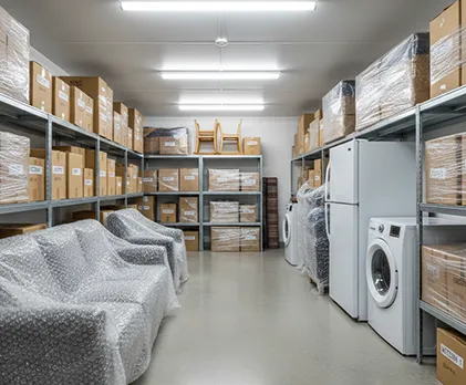 Packed household furniture and appliances stored in a secure and organized storage unit