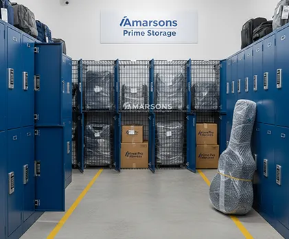 Luggage storage area with secure lockers and travel gear stored safely