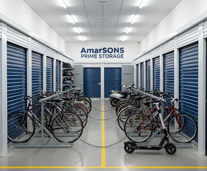 Bikes and scooters stored in an organized, secure two-wheeler parking facility