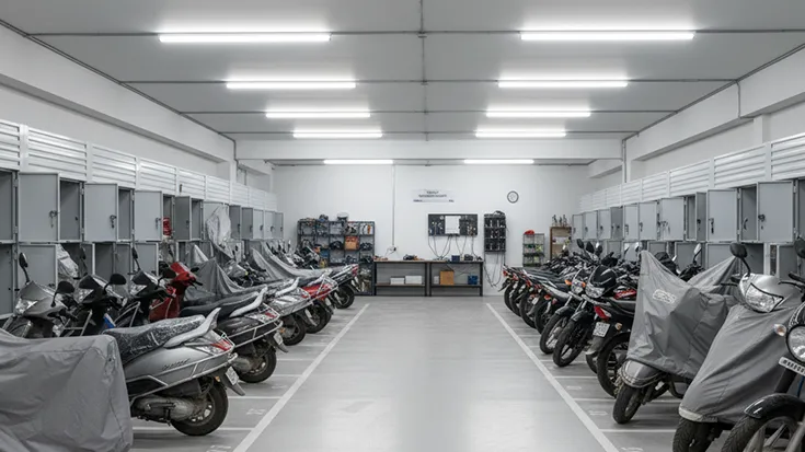 Secure, covered storage space for bikes and scooters with battery maintenance