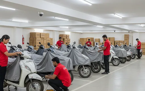 Secure covered two-wheeler storage for bikes and scooters with battery maintenance options